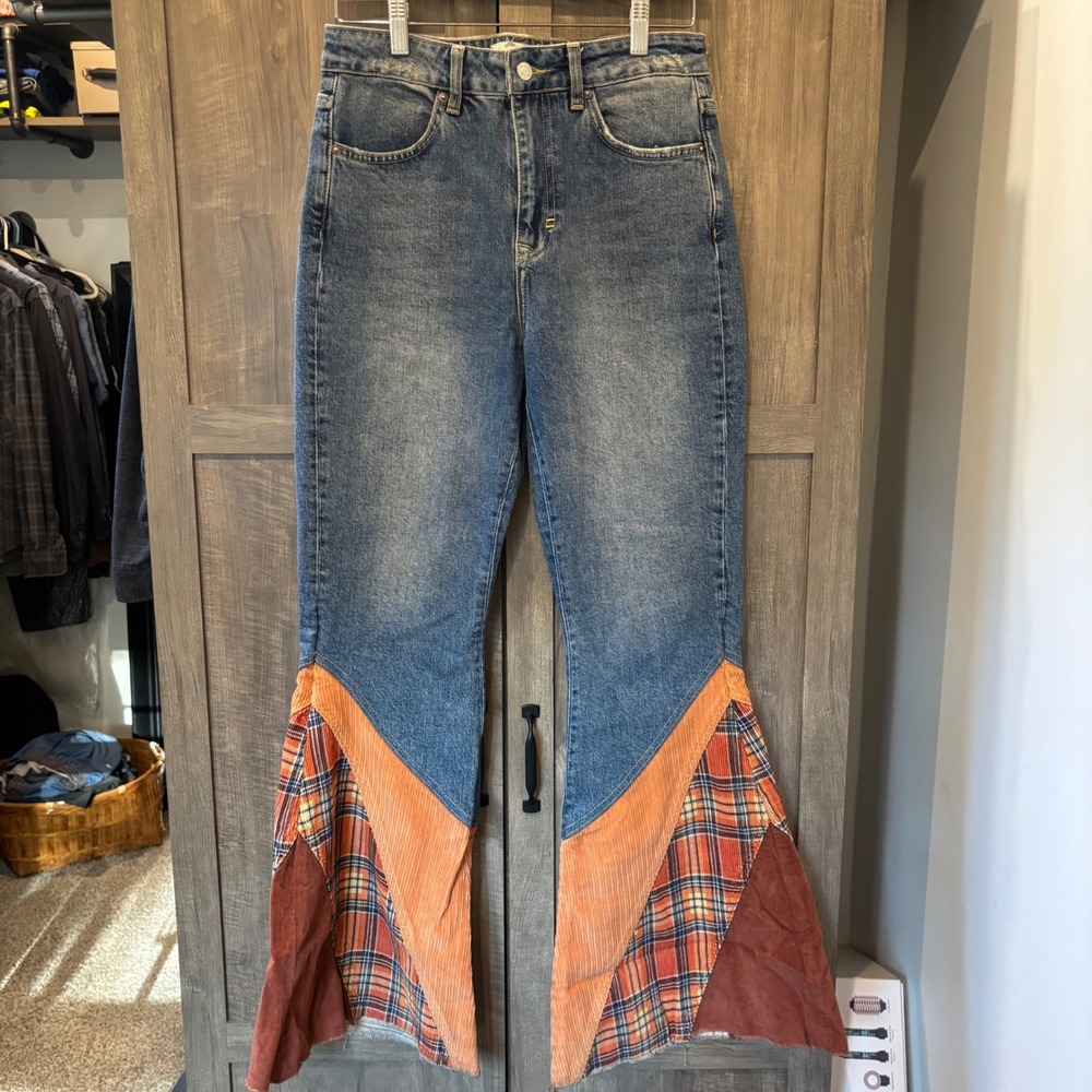 Free People We The Free Flashback Flare Jeans Patchwork Plaid Corduroy 28